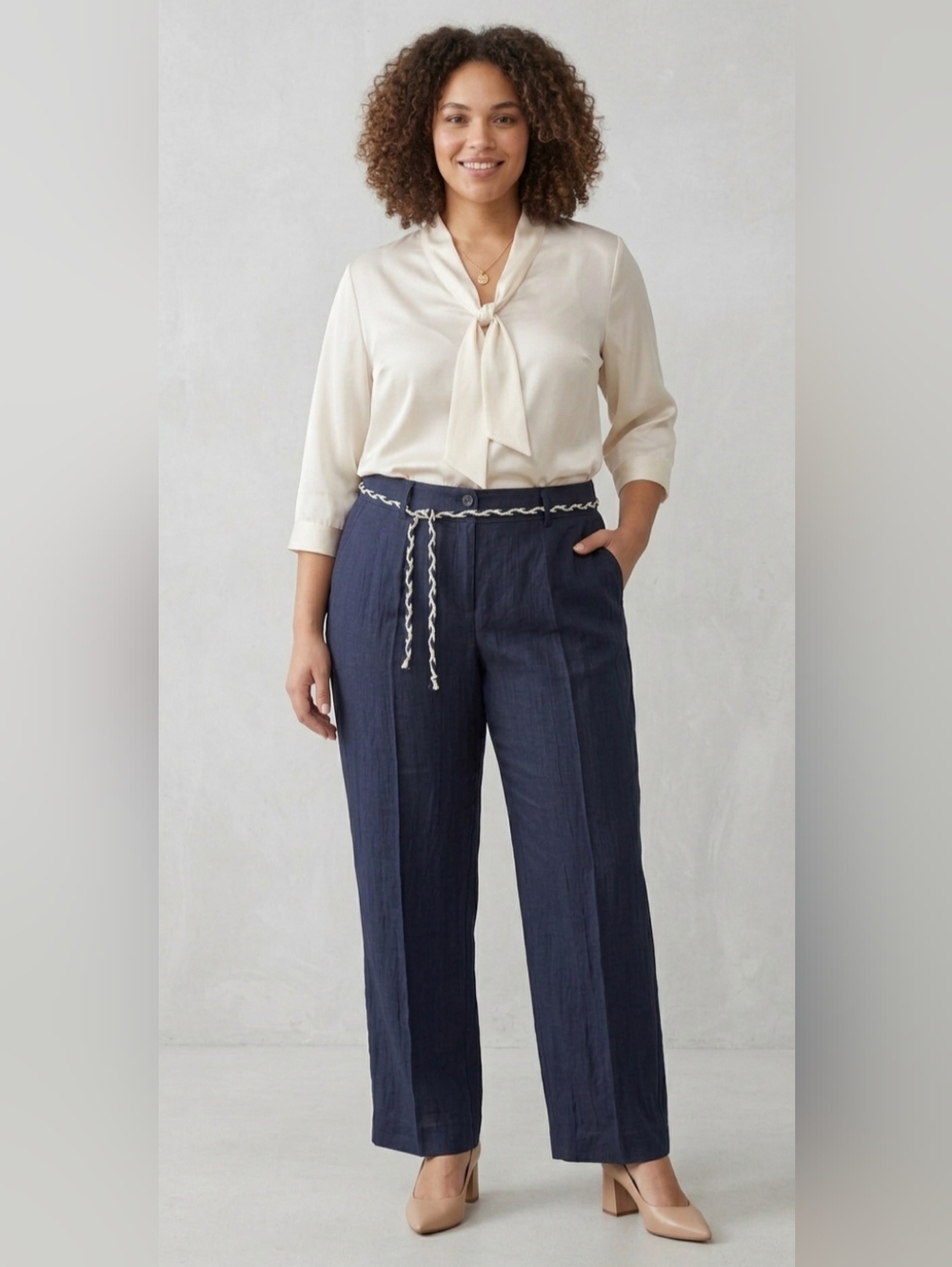NWT Navy Blue Linen Blend Straight Leg Pants Lightweight Plus Size